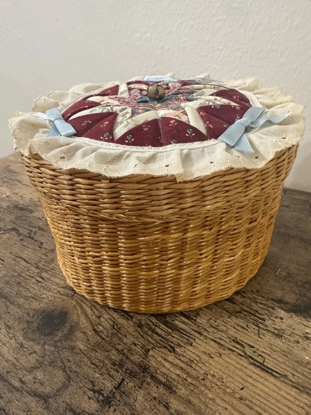 Vintage Wicker Sewing Basket with Quilt Top Lid